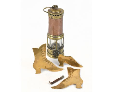 THOMAS WILLIAMS ABERDARE; a Welsh copper and brass miner's lamp, with adjustable wick and glass shade, stamped to the top wit