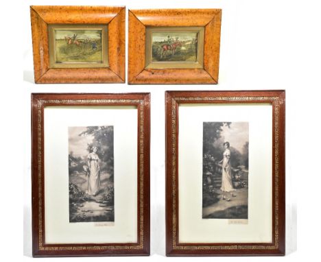 HUNTING INTEREST; two 19th century coloured etchings depicting hunting scenes, in maple frames, 12.5 x 18cm and two further p