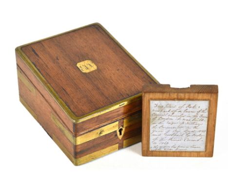 TOWER OF LONDON INTEREST; a mid-19th century brass bound oak pocket watch box, the internal pocket watch tray with blue paper