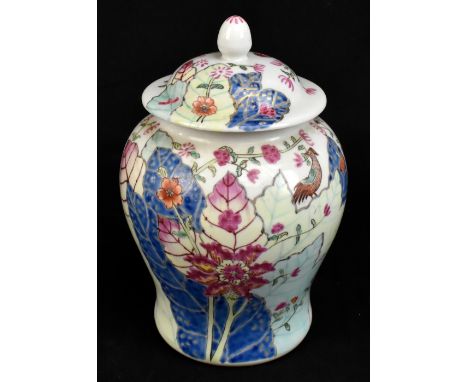 A modern Chinese porcelain temple jar and cover decorated in the tobacco leaf pattern, red character mark to underside, heigh