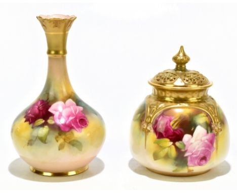 (ETHEL) SPILSBURY FOR ROYAL WORCESTER; a hand painted potpourri and cover, painted with roses, puce factory marks to the unde