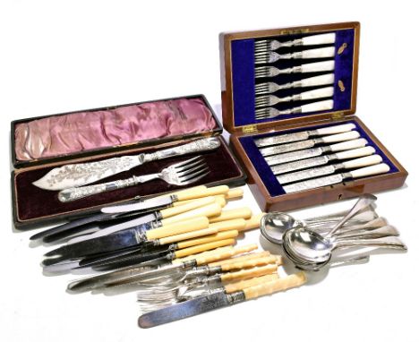 A small quantity of assorted silver plated flatware including a mahogany cased set of six knives and forks with chased decora