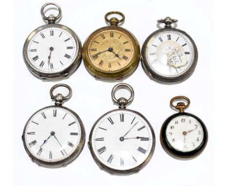 A base metal and green enamel decorated crown wind fob watch with Arabic numerals to the white enamel dial and five various f