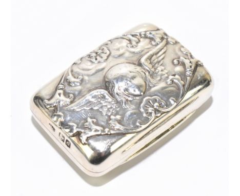 CHARLES HENRY DUMENIL; a Victorian hallmarked silver snuff box of rectangular form, the cover with repousse decoration depict