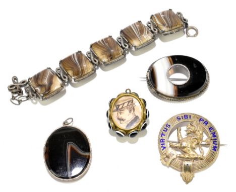 An agate and white metal five plaque bracelet, length approx. 18cm, a white metal and enamel decorated brooch inscribed 'Virt