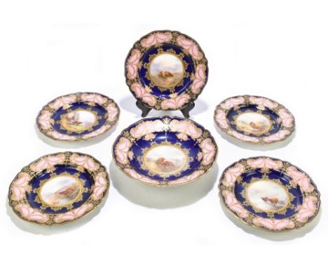 HARRY STINTON FOR ROYAL WORCESTER; a six piece part dessert service decorated to the centre with hand painted panels of Highl
