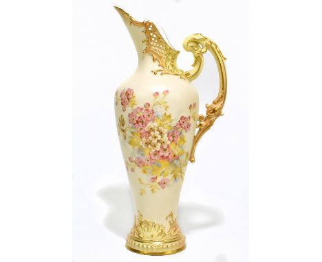 ROYAL WORCESTER; a hand painted ewer with part reticulated rim, numbered 1587, height 30cm.Additional InformationWear to the 