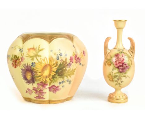 ROYAL WORCESTER; two pieces of blush ivory including a jardinière of floral decoration with panelled body, height 13.5cm, and