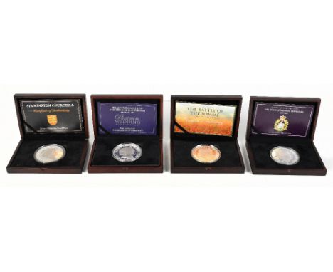 FOUR CASED SILVER COMMEMORATIVE COINS; proof 5oz Battle of the Somme coin no.36/450, House of Windsor 5oz proof coin Centenar