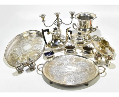 A small selection of silver-plate including four piece tea service, twin handled gallery tray, wine cooler etc. 