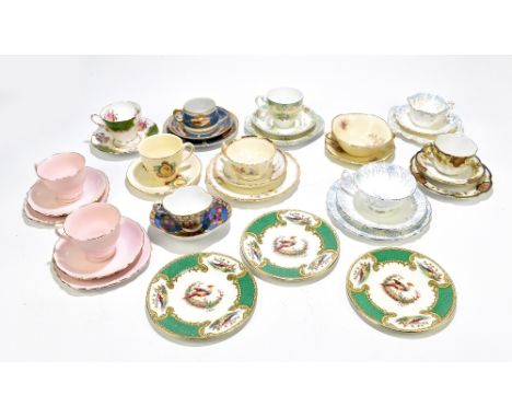 A collection of assorted trios and cups and saucers including a late 19th century Dresden style quatroform example, painted i