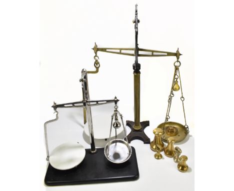 A pair of Victorian brass and iron balance scales stamped 'Patent Agate Balance', with ceramic tray, together with a pair of 