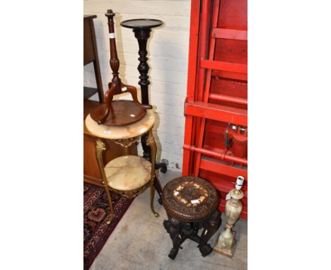 A mid 20th century gilt brass and onyx two tier occasional table, height 77cm, also a similar onyx urn lamp, height 49cm, a&n