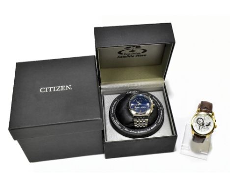 CITIZEN; an Eco-Drive Satellite&nbsp;Wave gentlemen's stainless steel wristwatch, the blue dial with baton numerals and subsi