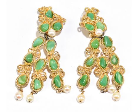 SWOBODA; a pair of vintage 1960s gem stone gold tone clip-on earrings set with cultured pearls to the clip and base and jade 