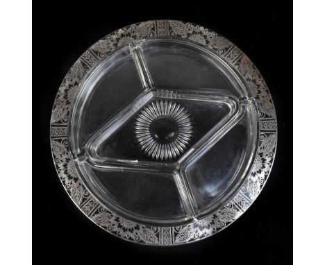 VAL ST LAMBERT; a contemporary hors d'oeuvres dish, the outer bowl with applied white metal floral decoration, diameter 29cm.