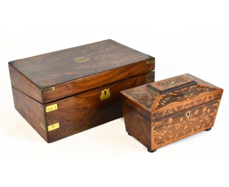 An early 19th century marquetry inlaid walnut tea caddy, length 23cm, together with an early Victorian brass bound walnut wri