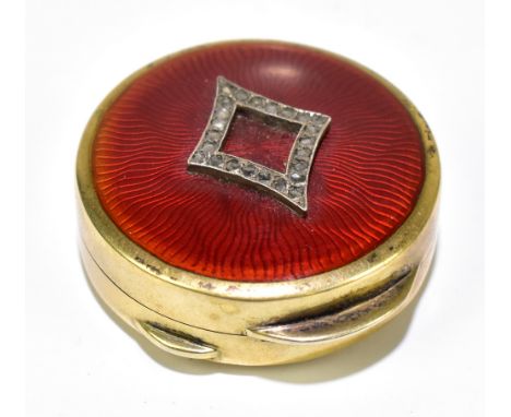 A Russian silver gilt and guilloché enamel pillbox and cover, the cover with applied diamond-shaped white metal mount set wit