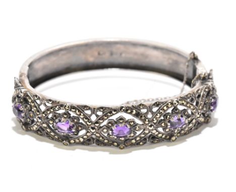 A hallmarked silver marcasite set hinged snap bangle, Birmingham 1960, external width 66mm, internal width 51mm, approx 31.6g