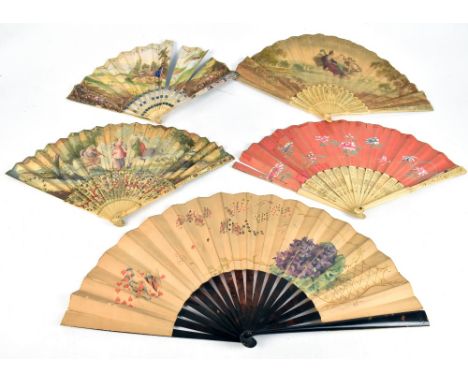 A group of five vintage fans including an example with tortoiseshell sticks and playing card decorated main section, a bone e