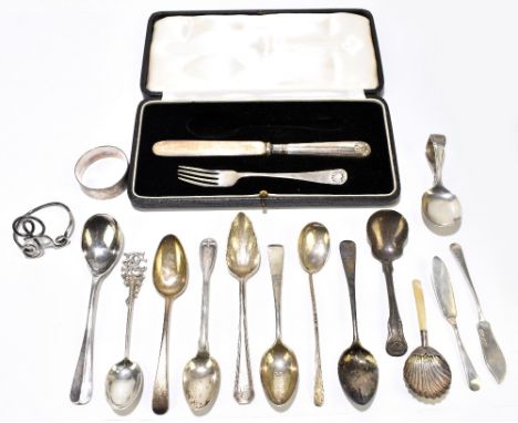 A selection of hallmarked silver spoons, to include a spoon with golf club handle, Birmingham 1924, a sugar shovel and a pres