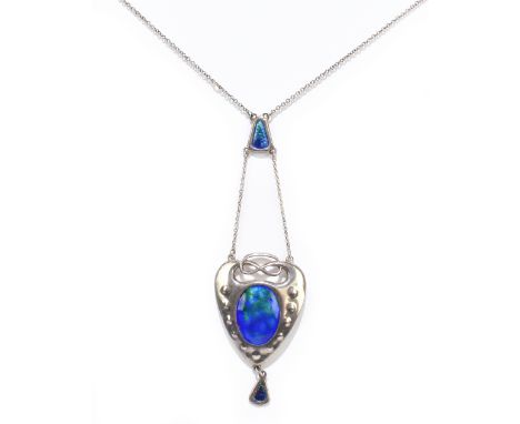 CHARLES HORNER; a George V hallmarked silver and blue/green enamel decorated necklace, the pierced Art Nouveau main drop with