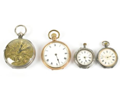 A Victorian hallmarked silver cased key wind pocket watch, with filigree dial with applied yellow metal Roman numerals and su