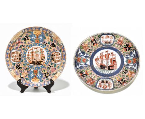 A modern Chinese 'Black Ship' plate in the Japanese style, diameter 26cm, and a&nbsp;Japanese Meiji period Imari nanban 'Blac