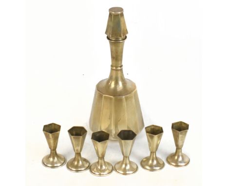 An Art Deco sterling silver decanter and stopper and six hexagonal liqueur glasses, each stamped sterling and also no. MC-02,
