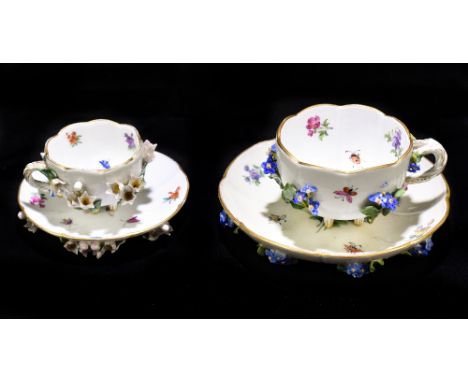 MEISSEN; two floral encrusted tea cups and saucers, the saucers 14.5cm and 11cm (4).Additional InformationThe largest saucer 