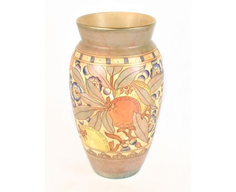 CHARLOTTE RHEAD; a Bursley ware vase decorated with autumn fruits, height 31.5cm.Additional InformationThe inside rim of the 