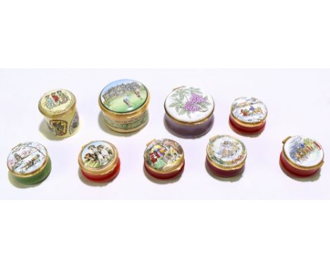 CRUMMLES; six modern enamel boxes, the largest diameter 6.5cm, with three Halcyon Days enamel boxes (9).Additional Informatio