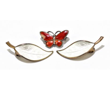 DAVID ANDERSEN; a pair of sterling silver and white enamelled leaf decorated ear clips and a small sterling silver red enamel