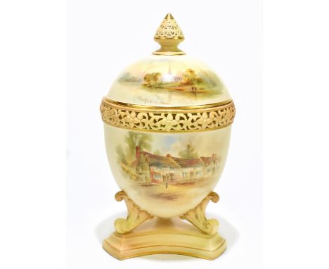 ROYAL CHINE WORKS GRANGERS &amp; CO; a Worcester hand painted blush ivory potpourri and cover with reticulated finial and rim