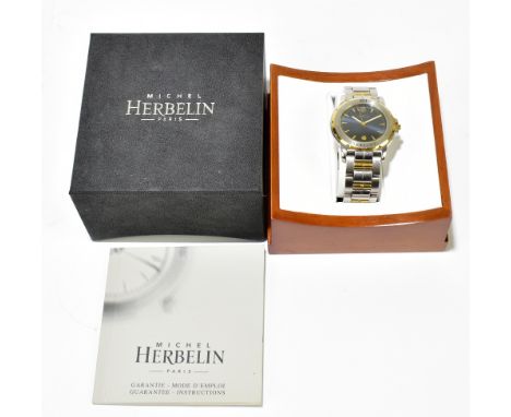 MICHEL HERBELIN; a gentleman's stainless steel wristwatch, the blue dial with baton numerals and date aperture, the watch bac
