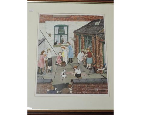 Tom Dodson, (1910-1991), a Ltd Ed print, back yard, signed bottom right, and num 583/850, 48 x 36cm, mounted framed and glaze