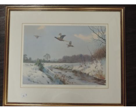 J C Harrison, (20th century), a Ltd Ed print, pheasants in snow, signed bottom right and num 263/500, 35 x 48cm, mounted fram