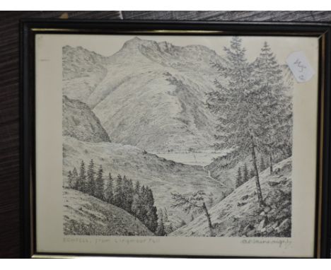 Alfred Wainwright, (1907- 1991), after, a print, Bow Fell from Lingmoor Fell, signed bottom right, 18 x 23 , framed and glaze