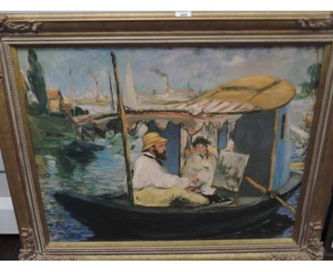 Claude Monet, after, a modern oleograph print, 'Monet Dans Son Bateau Atelier', 62 x 75cm, moulded gilt framed, 80 x 93cm