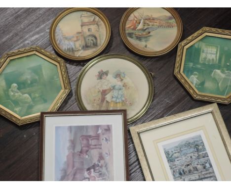 (20th century), a pair of watercolours on silk, circular townscapes, dia 14cm, framed, a (19th century), print, bucolic rural