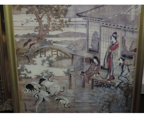 (20th century), a print, Japanese Geisha in a coastal garden setting with cranes,  moulded gilt framed, and glazed, 88 x 88cm