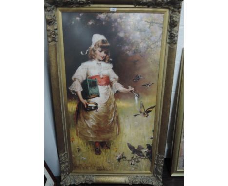 Davidson Knowles (1854-1901), after, a print, a polychromeof ,Feathered Friends, gilt slip and moulded gilt framed 100 x 58cm