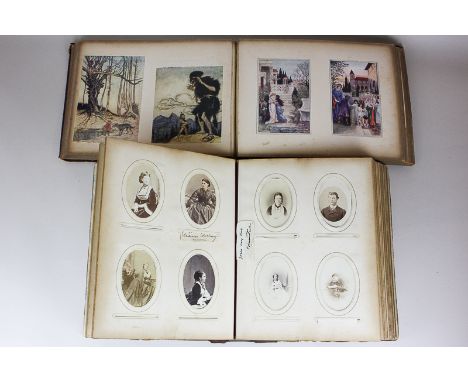 A Victorian photograph album containing full and half portraits of men, women and children, the front and back cover with mot