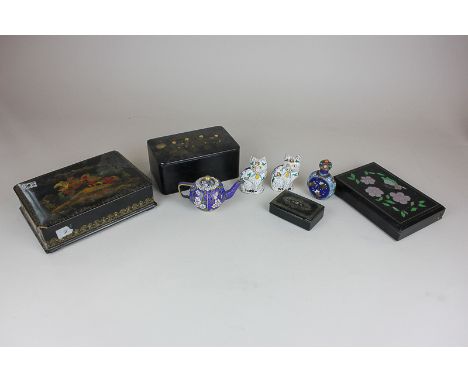 A Chinese black lacquer trinket box, a Russian black lacquer trinket box, two other boxes together with a pair of cloisonne c