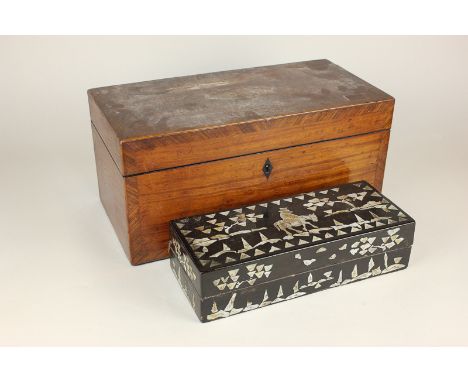 A 19th century cross banded rectangular box, 32cm, and a mother of pearl inlaid box, 24cm