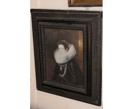 20th century Medici print, Flemish school, portrait of a lady with ruff collar, in elaborately carved wooden frame, 39cm by 3