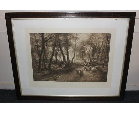 Victorian school, shepherd returning through woodland path with sheep, inscribed 'Home Through the Woods', sepia print publis
