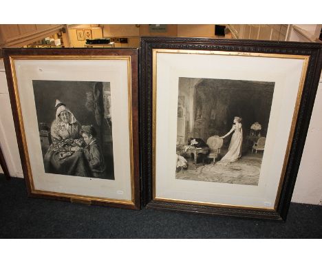 After W Q Orchardson (early 20th century), domestic scene of a couple, the man at a desk in despair, titled 'Trouble', print,