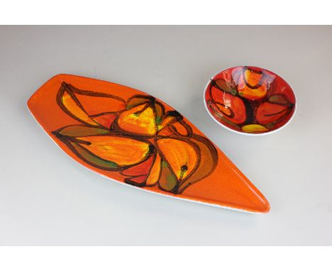 Two pieces of Poole Pottery Delphis ware, a bowl and a spear shaped dish, 44cm long
