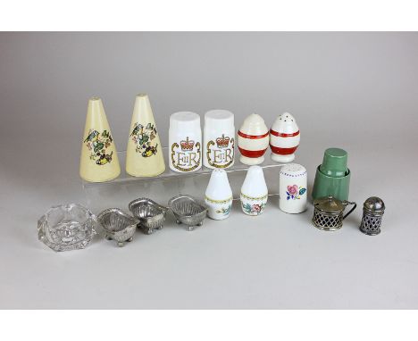 A trio of Victorian silver salts, a silver plated mustard and pepper with blue glass liners, together with a collection of sa